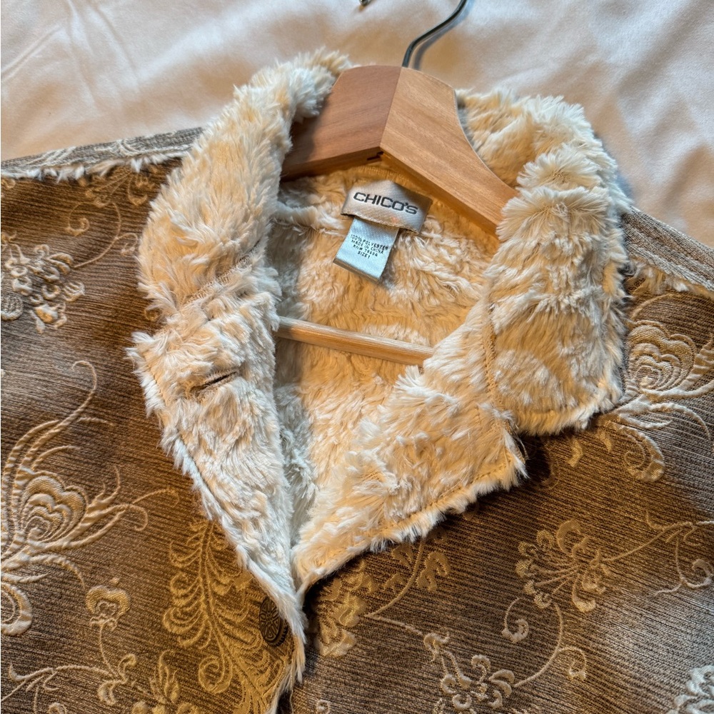 Chico's Cozy Brocade Jacket with Cream Faux Fur Lining